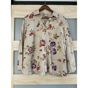 Vintage Cascade Blues Woman 1X Floral Button Down Blouse Beige Purple Red Cotton